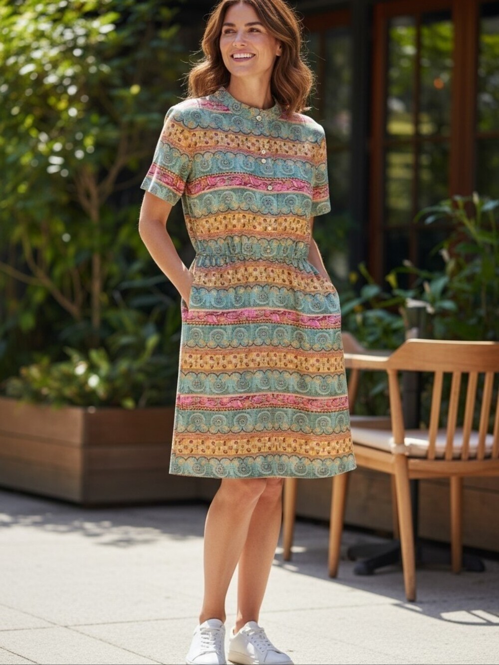 Vtg 90s Positive Attitude Sheath Dress Multi Print Short Sleeves Pockets 14 L